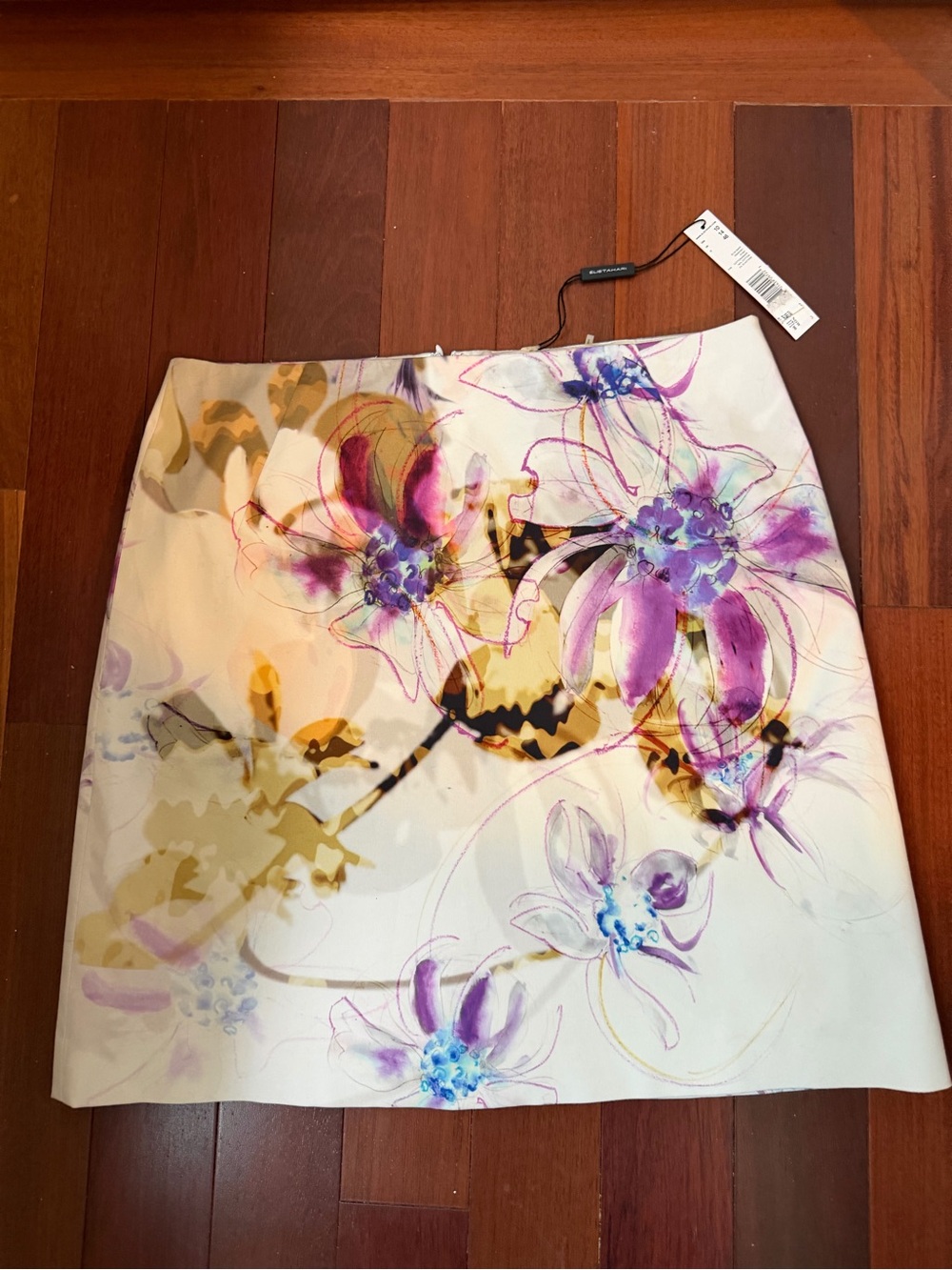 Elie taFloral Print A-Line Skirt in Cream and Purple size 10